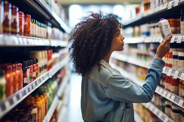 A woman carefully evaluates products in a grocery store, considering factors such as nutrition, prices, and ingredients, showcasing informed consumer behavior.
 - obrazy, fototapety, plakaty