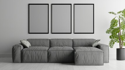 Modern living room with sofa three framed print artwork mockup