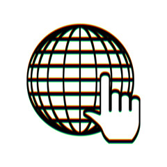 Earth Globe with cursor. Black Icon with vertical effect of color edge aberration at white background. Illustration.
