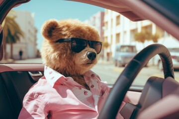 Teddy bear driving a car in casual pink clothes with sunglasses on summer vacation. Abstract creative idea.