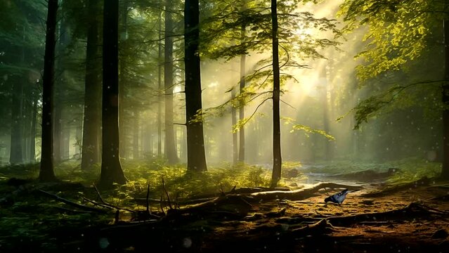 Generated AI, morning in the forest with bird