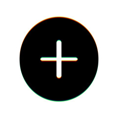 Positive symbol plus sign. Black Icon with vertical effect of color edge aberration at white background. Illustration.