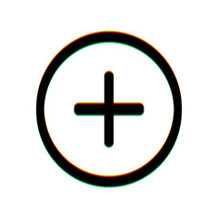 Fototapeta premium Positive symbol plus sign. Black Icon with vertical effect of color edge aberration at white background. Illustration.