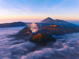 Aerial view of Amazing Mount Bromo volcano during sunrise from king kong viewpoint on Mountain Penanjakan in Bromo Tengger Semeru National Park,East Java,Indonesia.Nature landscape background