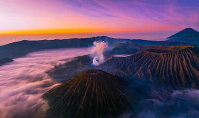 Amazing Mount Bromo volcano during sunrise from king kong viewpoint on Mountain Penanjakan in Bromo Tengger Semeru National Park,East Java,Indonesia.Nature landscape background