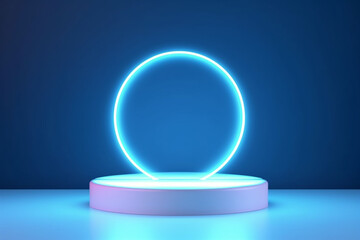 Product podium with neon circle on blue studio background, mock-up for your design