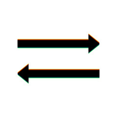 Arrow simple sign. Black Icon with vertical effect of color edge aberration at white background. Illustration.