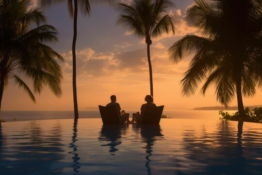 a couple of men and women watching the sunset on a tropical beach