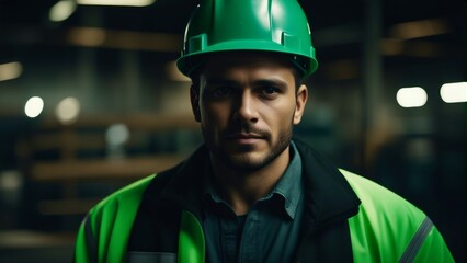 Obraz premium A portrait of a cheerful man supervisor at a warehouse for the delivery and transportation of industrial goods, wearing a green helmet and a green vest, standing in the aisle.