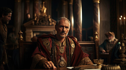 Roman man governor or speaker sit in traditional clothes, ancient citizen of Rome male in red cape historical costume.