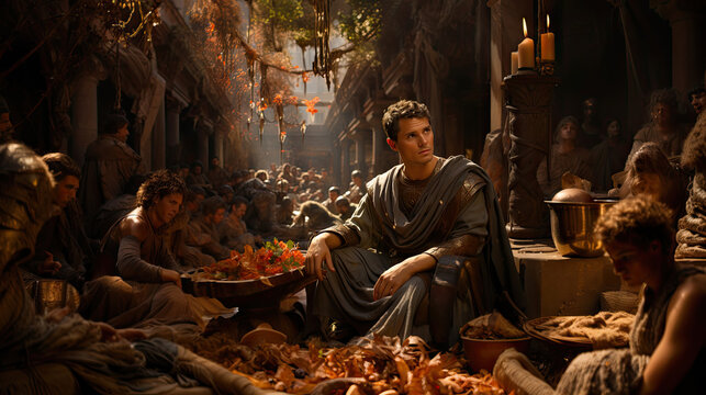 Fototapeta Roman male citizen dressed in national costume sit in ancient street.