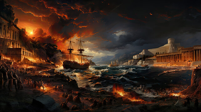 Fantasy Landscape with fight of pirate ship in ancient time. © AS Photo Family
