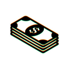 Bank Note dollar sign. Black Icon with vertical effect of color edge aberration at white background. Illustration.