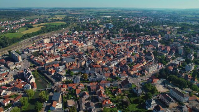 Aerial of the old town around the city Sarrebourg in France
