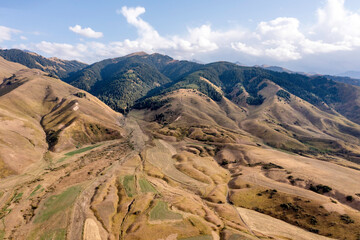 aerial view of agricultural fields in the mountains of Kyrgyzstan