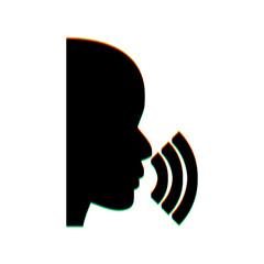 People speaking or singing sign. Black Icon with vertical effect of color edge aberration at white background. Illustration.