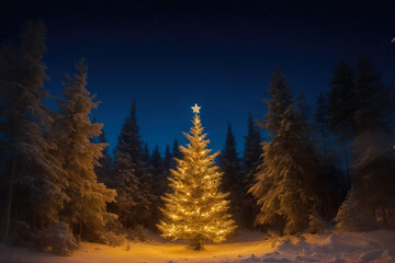 Fototapeta na wymiar Frosty Night Delight, Forest Christmas Tree, AI Generated