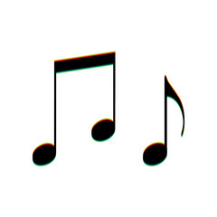 Music notes sign. Black Icon with vertical effect of color edge aberration at white background. Illustration.