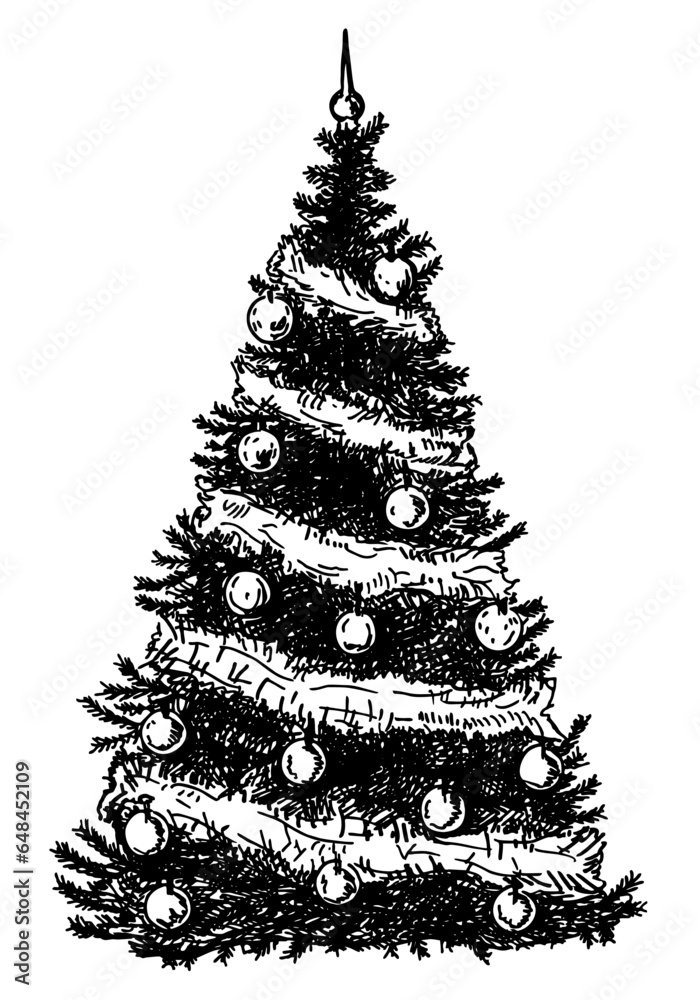 Wall mural hand drawn christmas tree. line art. graphic black white new year decor. vector vintage illustration