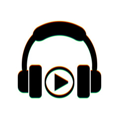 Headphones icon, music play button line sign. Black Icon with vertical effect of color edge aberration at white background. Illustration.