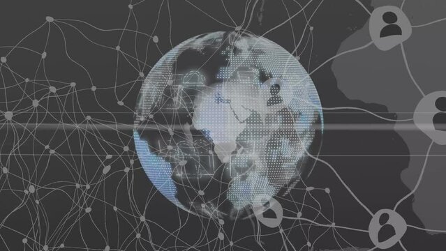 Animated digital composite image of a stylized globe with network lines and social media icons.