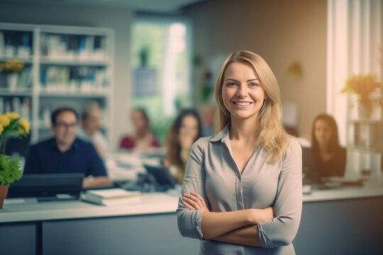 An image portrays a blonde female worker standing amidst her workplace, exuding an air of relaxation and self-assured confidence. The background is softly blurred, welcoming smile. Generative AI.