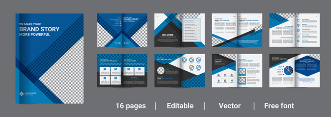 Blue business brochure template layout design, 16 page corporate brochure editable template layout, minimal business brochure template design for business