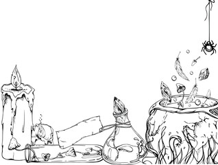 Hand drawn ink vector witch cauldron brew potions vial isolated horizontal frame. Sketch illustration art witchcraft, medicine, chemistry, alchemy. Design shops, logo, print, website, card, booklet