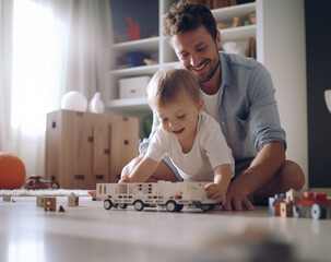 A loving father in a children's room sits on the floor and plays with toys with his child. The sun's rays shine into the room through the window. Father's Day. Relationship between father and child.