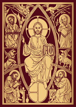 Vector image of Christ Pantocrator for cutting plotter and printing, bible cover jesus and four evangelist line art