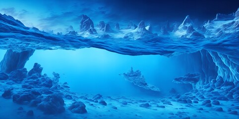 Fototapeta na wymiar Illustration of a deep blue, underwater frozen crystal cave system with ice pillars, Generative AI.