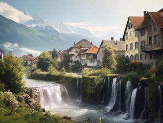 A fabulous, bright and beautiful city with houses near waterfalls against the backdrop of mountains. Waterfalls and a lake in the mountains with houses. fictional city with waterfalls in the mountains