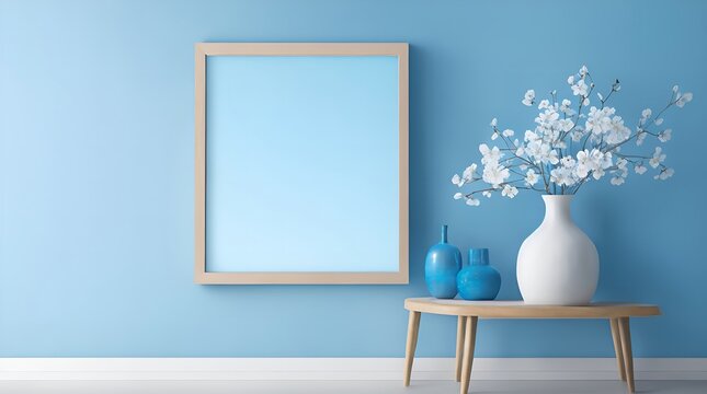 Interior of a living room with a frame on a work table and a blank blue wall, with a cherry flower in a flower vase, Generative AI.