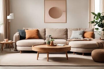 In a modern living room, a beige sofa set is centered around a sleek round wooden coffee table that is placed in front of a white wall with eye-catching posters