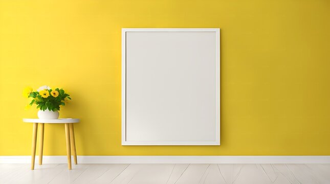 Interior of a living room with a frame on a work table and a blank yellow wall, Generative AI.