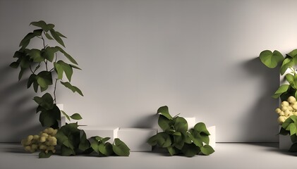 On a gray shadow type background, a stone product display pedestal features natural foliage. rendering in 3D, Generative AI. - obrazy, fototapety, plakaty