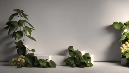 Fotobehang On a gray shadow type background, a stone product display pedestal features natural foliage. rendering in 3D, Generative AI. © Noobs