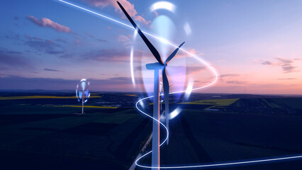 Windmill and graphic diagram of air currents that produce green energy. Green energy power production it is future.Renewable energy  design.Digital graphic work on green energy power Production. 