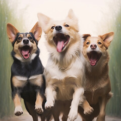 Lots of dogs run merrily towards the camera. Dogs run fast and smile. Corgis are white and brown. Dog ears. Muzzle of a dog. The dog is man's best friend.