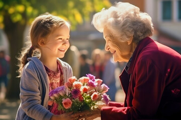 Little cute joyful grandchild gives flowers to smiling beloved grandmother on a holiday day - obrazy, fototapety, plakaty