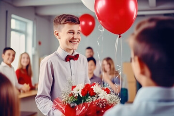 Happy satisfied joyful schoolboy with a bouquet of flowers for teacher on celebrating holiday day