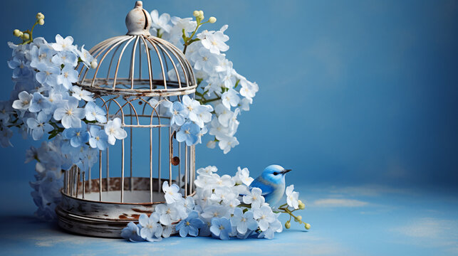 Flowers with birdcage and photo frame
