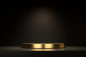 Pedestal of Platform display with gold stand podium on dark room background, Blank Exhibition or empty product shelf