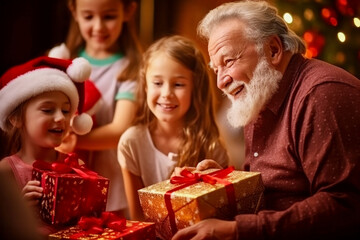 Fototapeta na wymiar Happy satisfied grandfather giving his cute smiling little grandchildren christmas gifts
