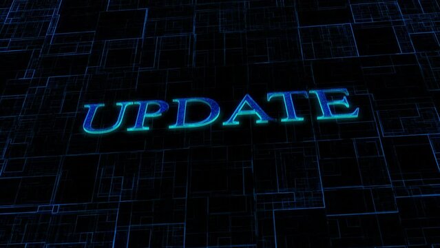 Neon blue update text animated on a dark digital grid background.