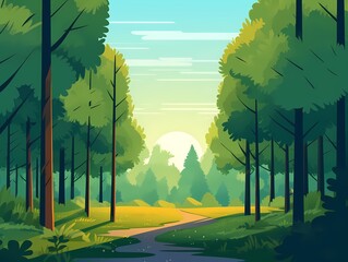 Colorful landscape with trees, mountains, grass. Beautiful landscape horizon flat vector design