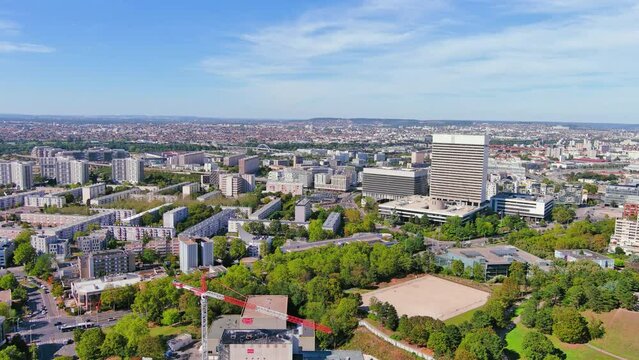 Paris: Aerial view of capital city of France, Nanterre commune in western suburbs of Paris - landscape panorama of Europe from above