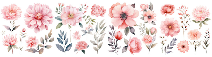 Watercolor blush floral clipart , Watercolor collection of hand drawn flowers , Botanical plant ,cut out transparent isolated on white background ,PNG file ,artwork graphic design illustration.