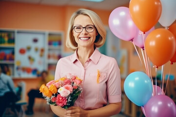 Portrait of a happy smiling satisfied teacher woman with a bouquet of flowers and helium balloons in the classroom during celebrating world teachers day