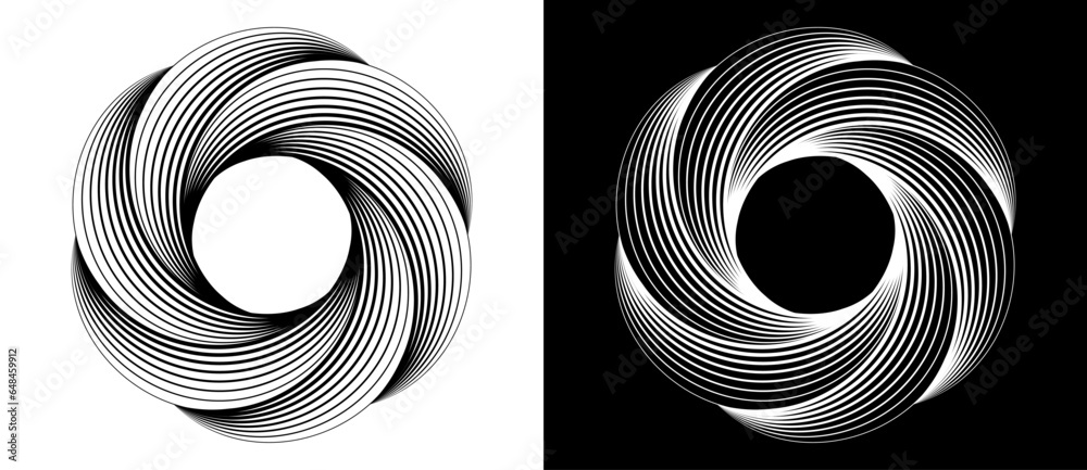 Aufkleber Abstract background with lines in spiral. Art design circle concept with 6 segments like a flower. Black lines on a white background and white lines on the black side.